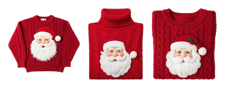 Red cable knit Christmas sweater set including crewneck and turtleneck styles with Santa Claus designs isolated. Festive holiday apparel and seasonal fashion collection.