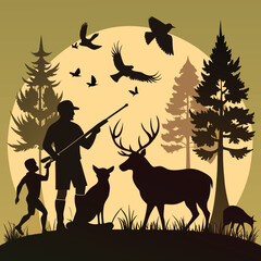 Collection of diverse wildlife and hunting silhouettes in various poses and actions