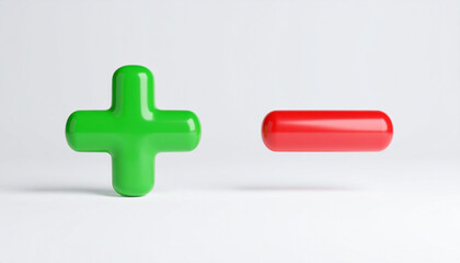 Minimalistic 3D icons, glossy green plus and red minus isolated on white background, clean aesthetic