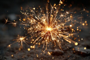 Obraz premium Sparkler burning, creating bright golden light and festive bokeh against a dark background