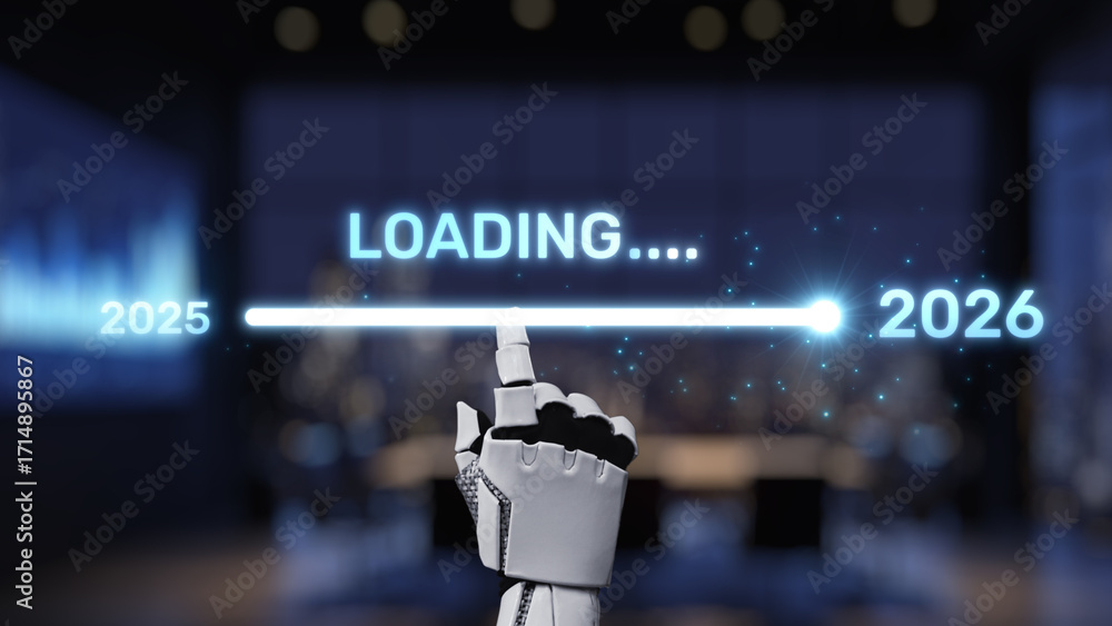 Aufkleber a robot hand is pointing to a loading progress indicator transitioning from 2025 to 2026, set in a d