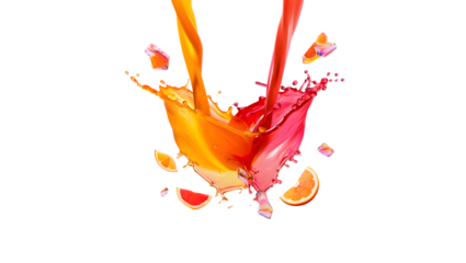 Two colorful fruit juices splashing together with fruit slices isolated on transparent background