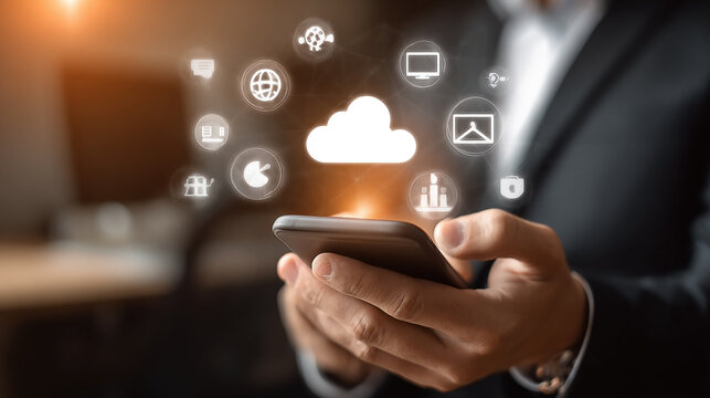 Person using mobile with a cloud and network of icons.