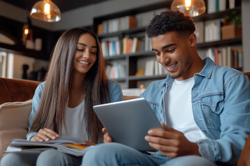 Diverse young couple collaborating on a digital tablet and notes in a modern campus study space, smiling as they research, learn, and prepare for exams together