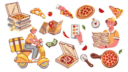 Pizza online order, delivery and serving cartoon set. Funny pizza in open box and stack, choice in mobile app for delivering. Delivery service mascots, cartoon pizzeria collection vector illustration
