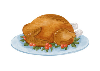 Watercolor illustration of a roasted Thanksgiving turkey on a plate with herbs and berries. Traditional holiday food design for invitations, menus, posters and festive projects.