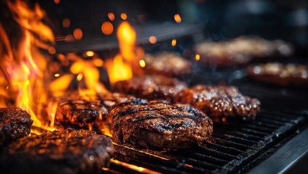 Tasty beef patties grilling over open flame with smoky fire sparks, sizzling barbecue burgers on the grill, food background for fast food, restaurant, or BBQ concept