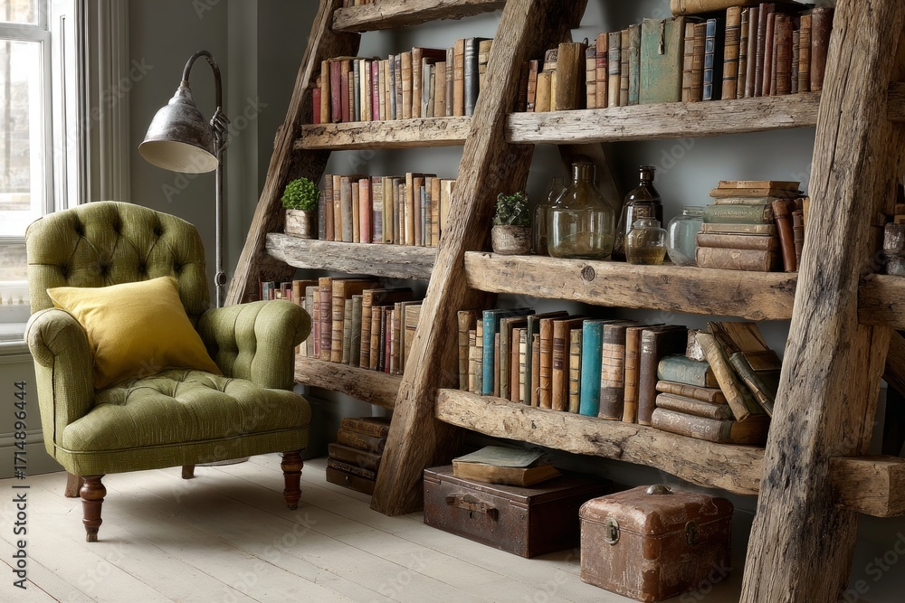 Poster armchair and industrial lamp creating a comfortable atmosphere next to an old bookshelf