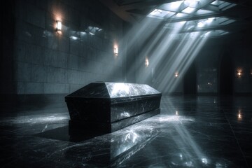 Dark marble coffin resting inside a mausoleum, light rays piercing through the ceiling