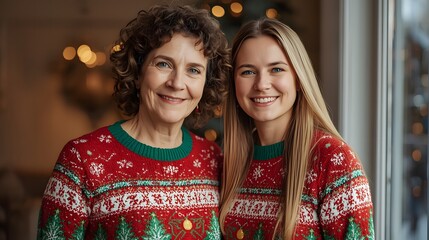 Fototapeta premium Holiday Portrait of Two People – Festive Sweaters and Warm Smiles