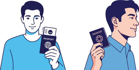Illustrations of Two Men Holding Passports and Travel Documents for International Journeys