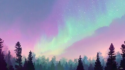 Fototapeta premium Pastel Aurora Borealis over Silhouetted Forest