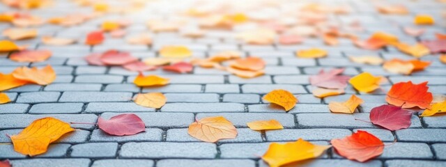 Colorful Autumn Leaves on Paved Pathway in Soft Morning Light