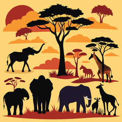 African safari silhouette collection featuring elephant and giraffe in vibrant colors © SHAHNAZ