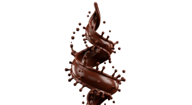 Dark brown molten chocolate twisting spiral, frozen mid-air with scattering specular droplets on transparent studio background. Concept for luxury chocolate