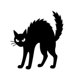 An aggressive black cat with an arched back and tail. The silhouette is suitable for Halloween and prints. Flat vector illustration on a white background.
