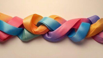 Colorful satin ribbons intertwined on neutral backdrop for elegant design