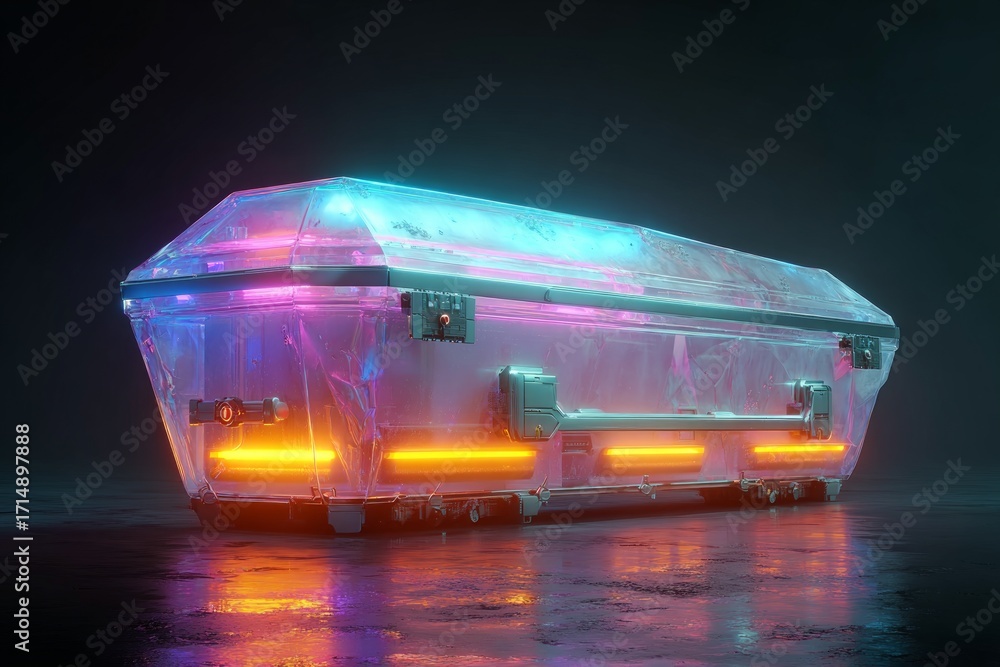 Poster futuristic coffin with neon lights resting on a wet, reflective surface in a dark, atmospheric setti
