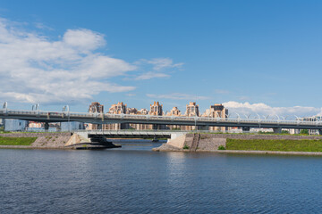 A high-speed road in St. Petersburg against the backdrop of modern residential buildings. High quality photo