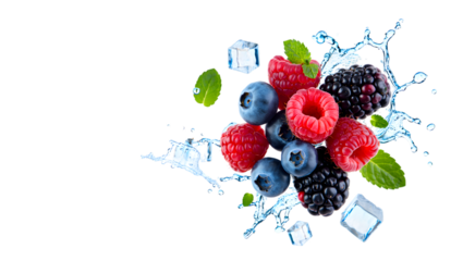 Fresh ripe berries including raspberries blueberries and blackberries with ice cubes and water splash isolated on transparent background