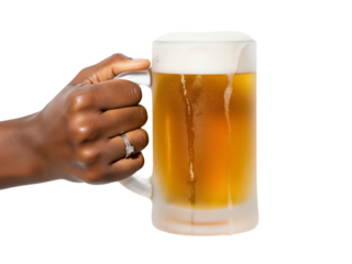 Black woman hand holding frosty glass mug filled with golden beer and foam, symbolizing refreshment and relaxation
