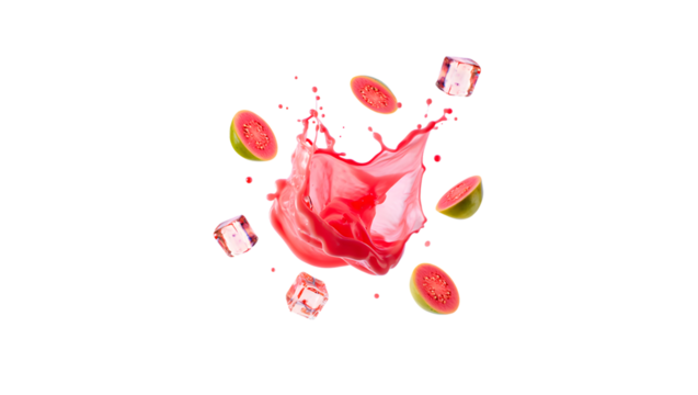 Vibrant pink liquid splash with grapefruit slices and ice cubes isolated on transparent background