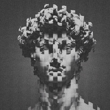 Michelangelo's David head bust glitch effect grain and noise. Digital concept illustration glitched marble male classical head bust lit in dramatical style. 