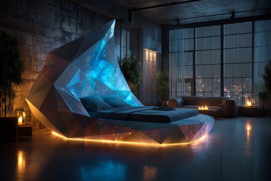 Futuristic bed with glowing crystal headboard in a luxurious loft bedroom overlooking a city