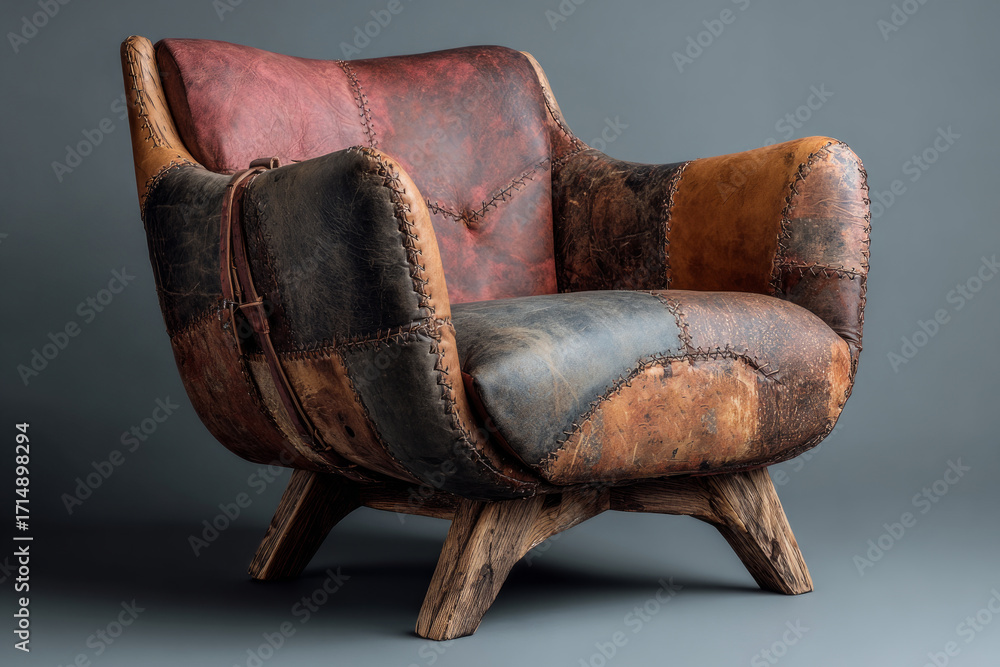 Poster armchair showcasing a unique design with distressed leather patches and visible stitching