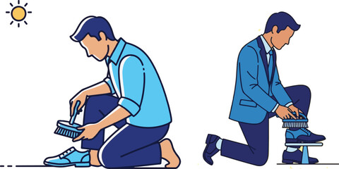 Men cleaning and polishing footwear, showing a comprehensive shoe care routine