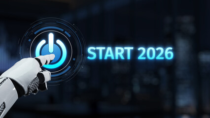 A futuristic robot hand poised to press a glowing power button labeled ""Start 2026."" This image symbolizes innovation and technology advancement in a modern setting. Synapse