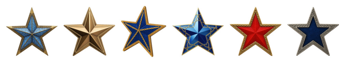 Obraz premium Decorative star set including gold, silver, blue, and red metallic styles isolated. Award and achievement collection.