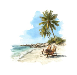 Relaxing beach scene with chairs and palm trees nature PNG, isolated on transparent background