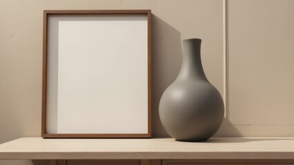 Elegant blank frame and ceramic vase on beige surface, minimalist decor