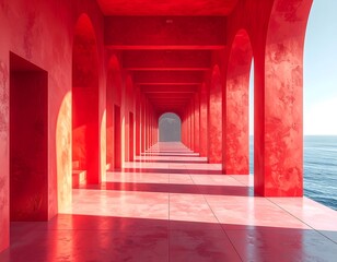 Red architectural walkway by the sea