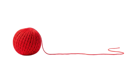 Red yarn ball, soft texture, strand unfurling horizontally on transparent background, copy space. High-key studio lighting. Concept of simplicity and connection