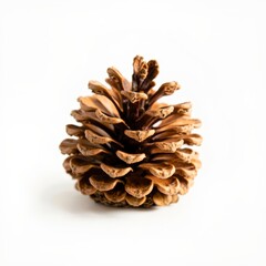 Single Natural Pine Cone on White Background.
A high-quality, professional studio shot of a single, classic pine cone. The pine cone is captured from the front, showcasing its tightly packed, layered 