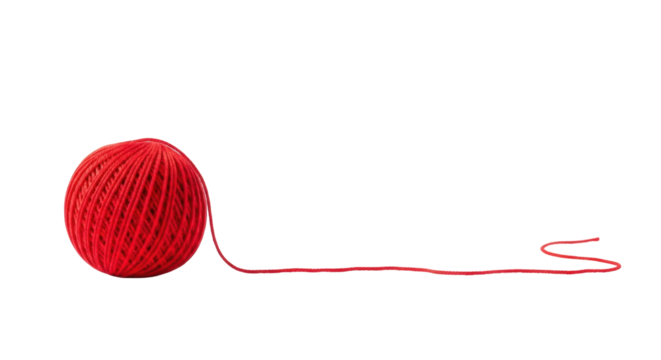 Red yarn ball, soft texture, strand unfurling horizontally on transparent background, copy space. High-key studio lighting. Concept of simplicity and connection