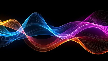 Abstract, flowing ribbons of color against a stark black background. The waves shift from orange to blue to purple