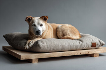 Senior dog relaxing on a natural wooden and fabric pet bed