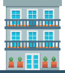 Obraz premium Vector art of flat design illustration of a multistory apartment building with balconies, windows, and potted plants 