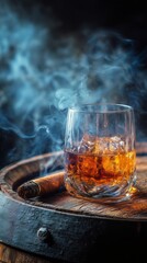 Whiskey Glass on a Wooden Barrel With Cigar Smoke in the Background at a Cozy Setting.