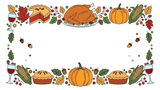 Thanksgiving Border with Cute Cartoon Characters and Autumn Food Elements, looping animation