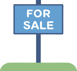 Vector art of a blue for sale sign on a pole in the grass, indicating property or item availability for purchase
