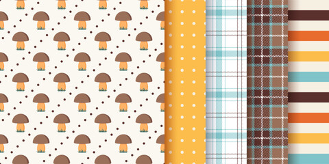 Autumn pattern. Seamless backgrounds in fall design.  Set autumnal textures with mushrooms, stripes, polka dots and checkered. Harvest prints. Seasonal geometric backdrops. Vector illustration.