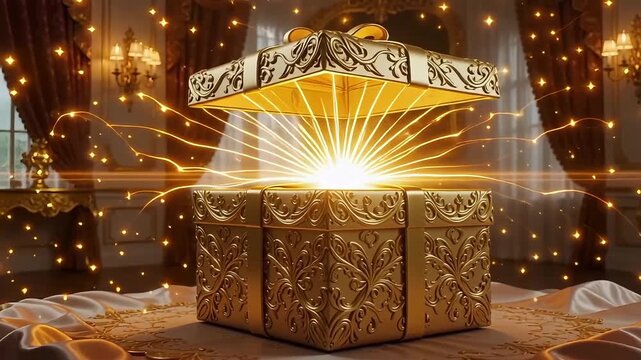 Elegant golden gift box shimmers in a luxurious palace setting perfect for festive promos and celebration