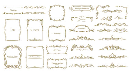 Set of vintage wedding frames, borders, and decorative dividers in golden color. Hand drawn doodle style with ornate details for invitations, menu cards, and greeting designs. Vector illustration.