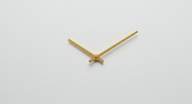 Closeup of minimalist gold analog clock hands isolated on white background