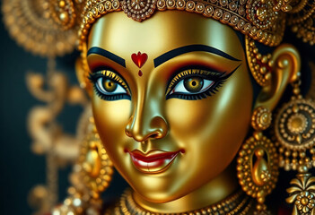 A photorealistic close-up of Goddess Lakshmi TMs golden face, adorned with intricate jewelry, glowing eyes, and a serene expression, symbolizing prosperity and divine blessings., highly detaile