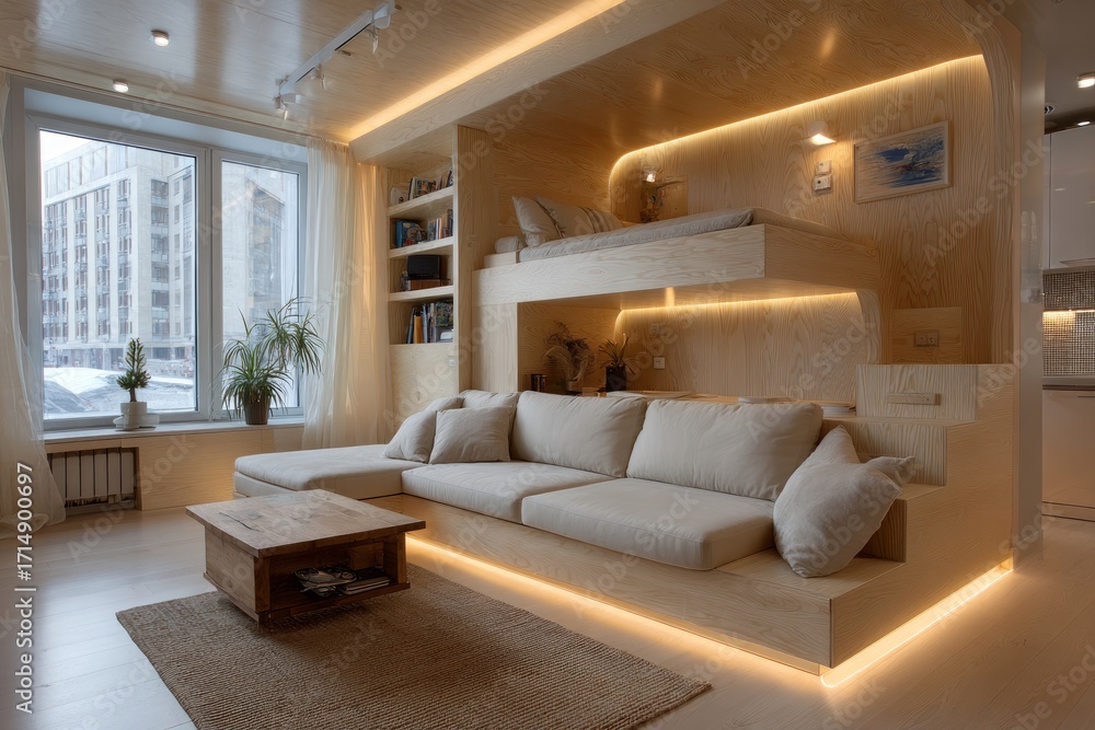 Poster studio apartment showcasing clever space-saving design with a built-in loft bed and integrated light